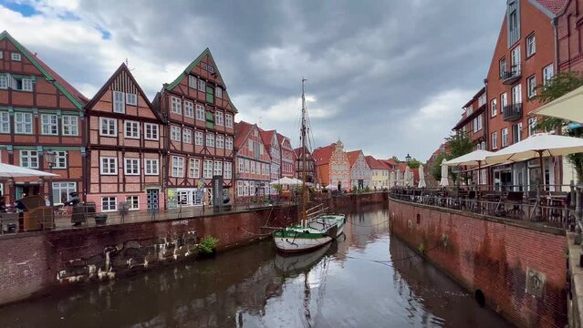 Rain on embankment historical center of Hanseatic city Stade, Lower Saxony, Germany, Europe July 12, 2023. High quality 4k footage