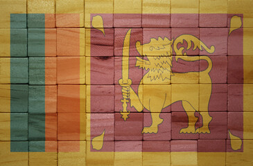 colorful painted big national flag of sri lanka on a wooden cubes texture.