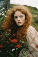 Naklejka premium portrait of a woman/model/book character with Scottish features red curly hair in nature meadow highlands in a fashion/beauty editorial magazine style film photography look - generative ai art