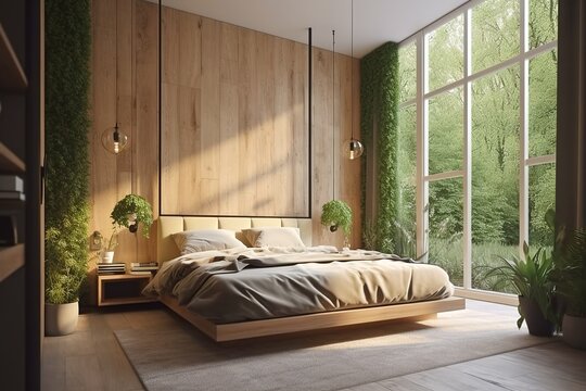 Beautiful cozy bedroom interior with big window and many plants. Generated ai.