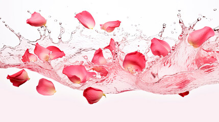 Rose flower petals , water drop and leaf falling in white background.