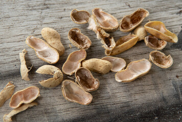 Peanut shells piled up on the wooden floor