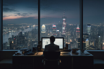 Fototapeta na wymiar Business and finance concept. Man doing analysis behind computer screen showing charts and statistics. Stock, crypto, forex, financial market research. Cityscape in background. Generative AI
