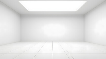 3d rendering of white empty space in room, ceramic tile floor in perspective, window and ceiling strip light. Interior home design look clean, bright, shiny surface with texture pattern for background
