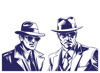 Gangsters or detectives in a hat and sun glasses vector illustration, black and white spy man, mafia on comic or pop art style, Generative AI, clean vectorize - obrazy, fototapety, plakaty