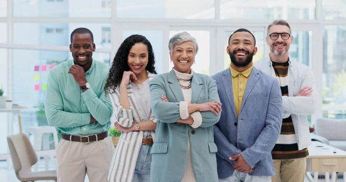 Happy creative people, team and confidence in leadership, management or about us at the office. Portrait of confident employee group with smile standing together in teamwork for startup at workplace