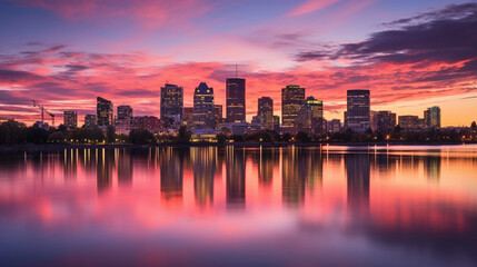 A dramatic cityscape photograph taken during the golden hour, with city lights reflecting on a calm river Generative AI