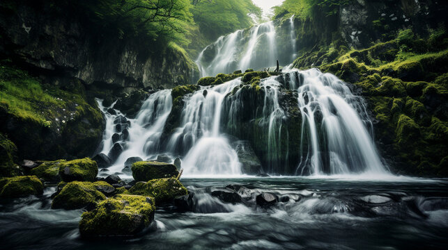 A stunning landscape photograph of a cascading waterfall, capturing the power and serenity of nature Generative AI