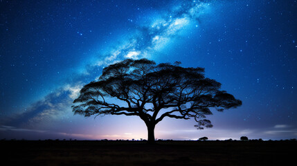 Fototapeta na wymiar An enchanting nighttime photograph of the Milky Way galaxy, with a lone tree silhouetted against the starry sky Generative AI