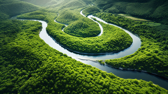 A stunning aerial photograph of a winding river snaking through a lush green landscape, showcasing the beauty of nature's curves Generative AI