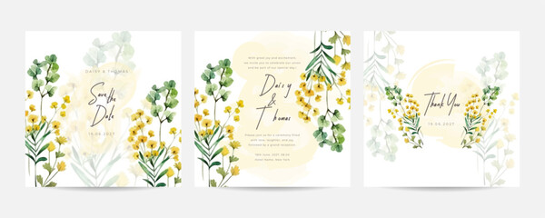 Bridal shower invitation with yellow picock flower ornament watercolor background. Garden theme wedding invitation card.