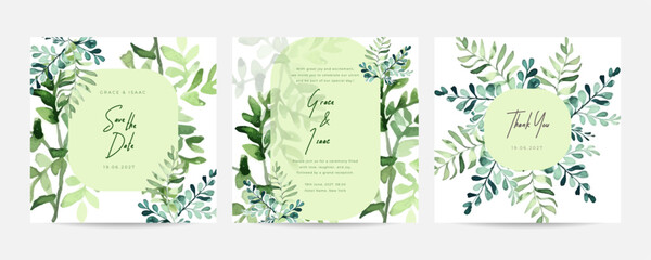 Wedding invitation card template set with green eucalyptus leaves and watercolor background. Garden theme wedding card invitation.