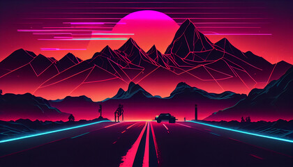Landscape with mountains, Trendy neon synth wave background with sunset sky, road and mountains, retro abstract background. Retro wave scene Ai generated image