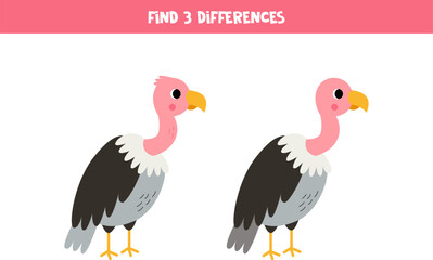 Find three differences between two pictures of cute vultures. Game for kids.