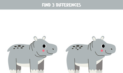Find three differences between two pictures of cute hippopotamuses. Game for kids.