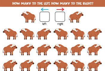 Obraz premium Left or right with cute cartoon buffalos. Logical worksheet for preschoolers.