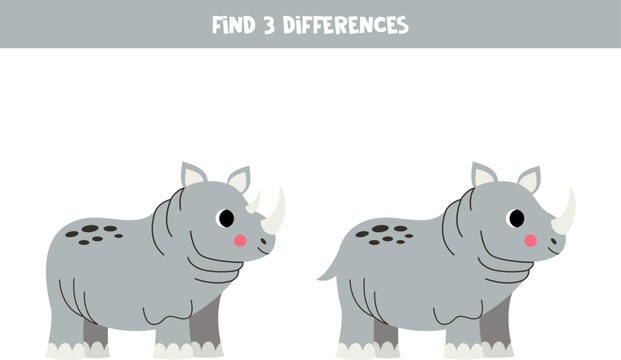 Find three differences between two pictures of cute rhinoceros. Game for kids.