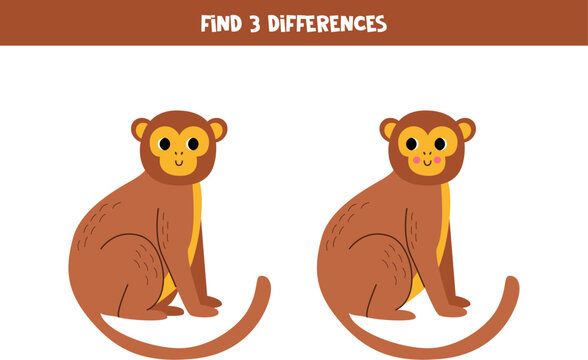 Find three differences between two pictures of cute monkey. Game for kids.