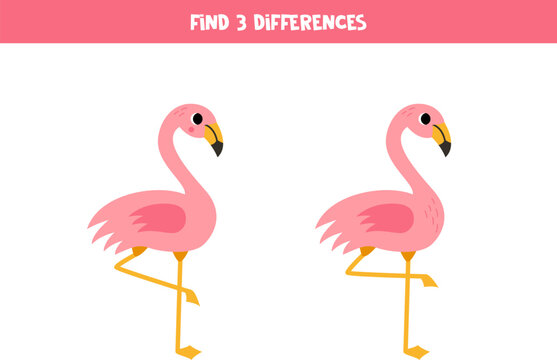 Find three differences between two pictures of cute flamingos. Game for kids.