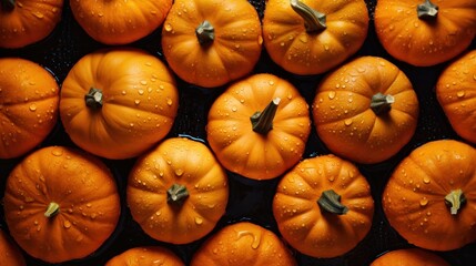 Top view, Fresh pumpkin adorned with glistening droplets of water background. - obrazy, fototapety, plakaty