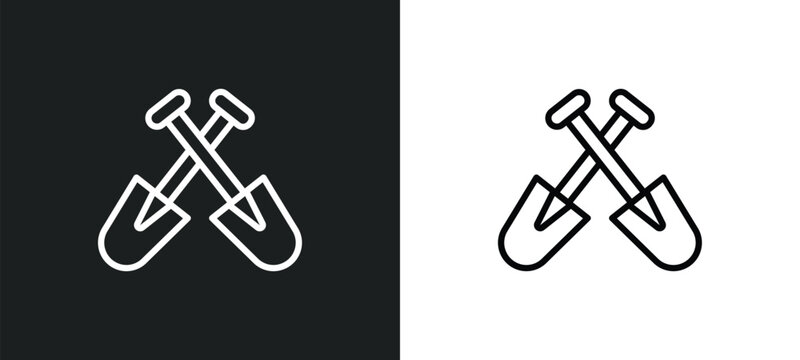 two shovels icon isolated in white and black colors. two shovels outline vector icon from construction collection for web, mobile apps and ui.