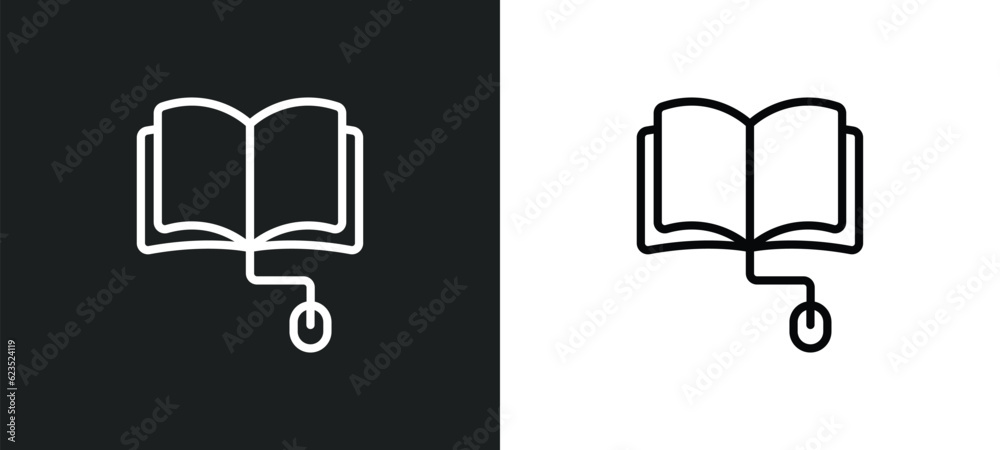 Poster book and computer mouse icon isolated in white and black colors. book and computer mouse outline vec