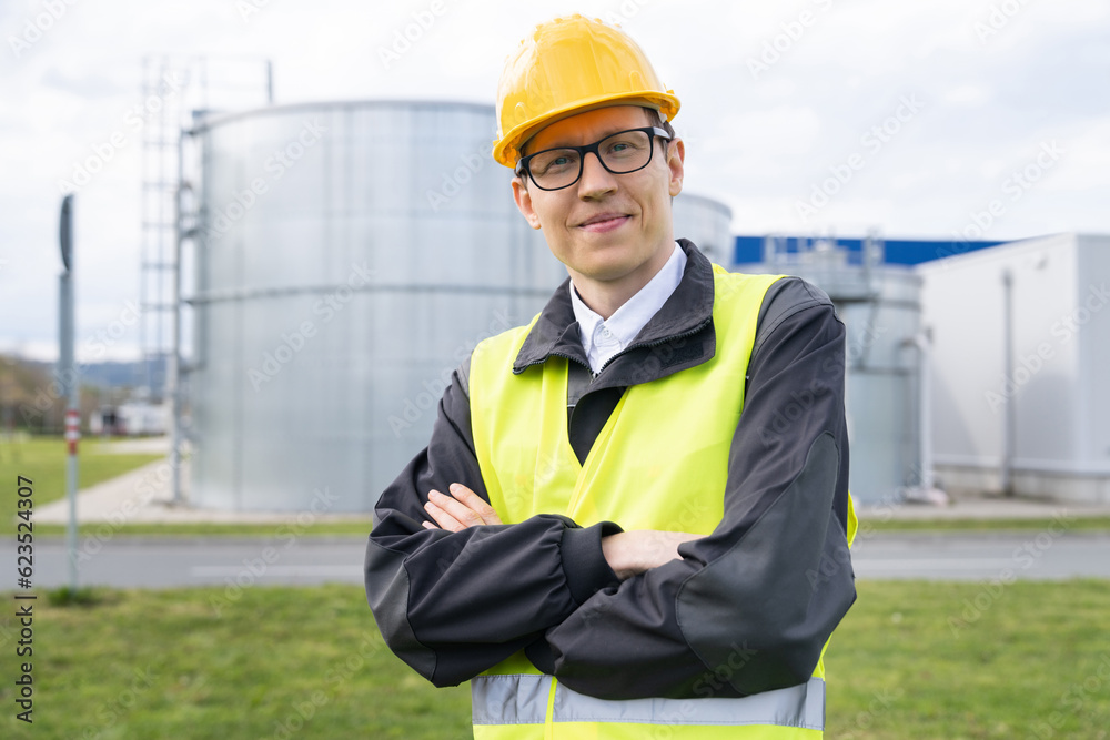 Poster portrait of engineer in helmet and glasses.