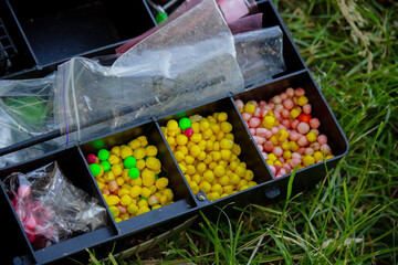 fishing tackle bait, fishing river. Selective focus.