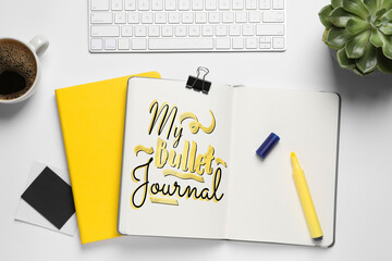 Improve your productivity. Notebook with words My bullet journal, keyboard, plant and cup of coffee...