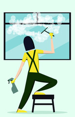Fast cleaning service. Illustration of worker wiping window with squeegee indoors
