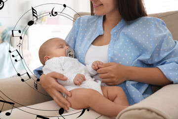 Mother singing lullaby to her baby at home. Illustration of flying music notes around woman and...