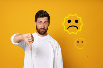 Complaint. Dissatisfied man showing thumbs-down on orange background. Illustrations of sad and...