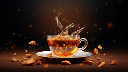 Cup of freshly brewed black tea,escaping steam,warm soft light, darker background.