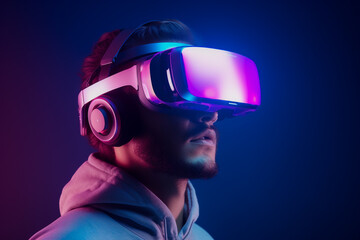 Young Man Using a VR Virtual Reality Headset Glasses for Gaming and Education 
