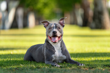 Grey pitbull lying in the grass