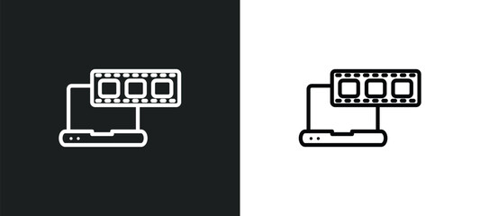 laptop with film strip icon isolated in white and black colors. laptop with film strip outline vector icon from cinema collection for web, mobile apps and ui.
