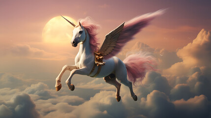 Obraz na płótnie Canvas Adorable Unicorn on Flying Cloud,