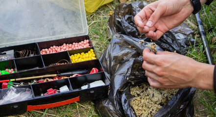 fishing tackle bait, fishing river. Selective focus.