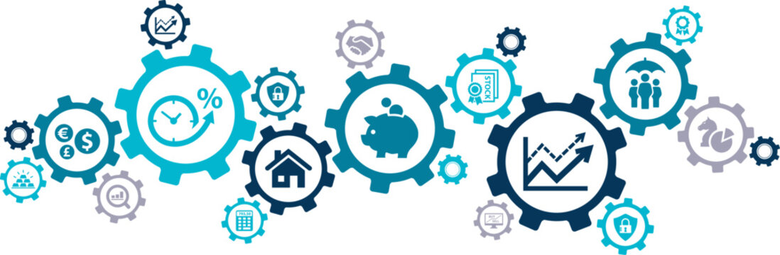 Financial strategy vector illustration. Blue concept with icons related to investment strategy & advice, stock market, retirement plan, wealth management, banking portfolio, asset & capital