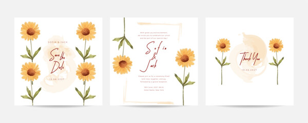 Hand drawn nude aster floral wedding invitation card template. Elegant engagement invitation design.