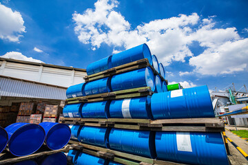 Barrels stock chemical products The metal barrels are blue. Chemistry. Manufacture of chemicals.