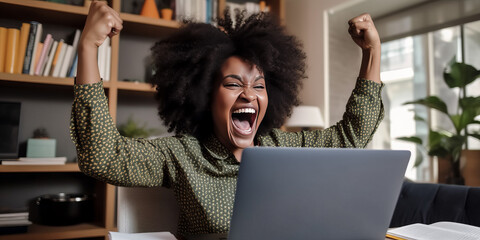 A businesswoman smiles with delight after achieving success as a freelancer and entrepreneur.
