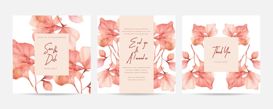 Hand Drawn Nude Aster Floral Wedding Invitation Card Template. Elegant Engagement Invitation Design.