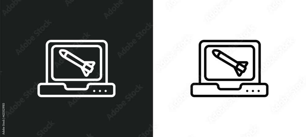 Poster computer icon isolated in white and black colors. computer outline vector icon from army and war col
