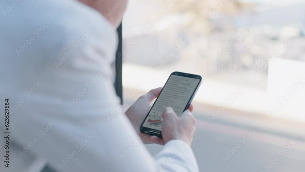 Poster business, closeup and man with a smartphone, search internet and connection with a strategy, network