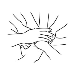 Hold one's hands continuous line drawing. People shaking hands one line. Vector illustration for poster, card, banner valentine day, wedding,Coffee cup and t-shirt