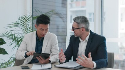 Tablet, office handshake and people, partner or clients in finance partnership, business agreement and deal. Financial advisor, digital accountant or man shaking hands with CEO investor in meeting