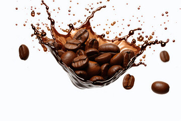 Splash of liquid coffee with coffee beans falling in motion isolated on white flat background. Coffee flavor template. Generative AI 3d render illustration imitation. - obrazy, fototapety, plakaty