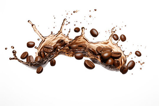 Splash of liquid coffee with coffee beans falling in motion isolated on white flat background, copy space. Coffee flavor template. Generative AI 3d render illustration imitation. © SnowElf