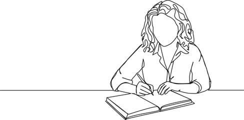 continuous single line drawing of woman taking notes in journal or diary, line art vector illustration